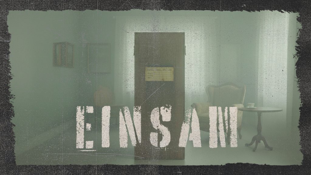 Düsterer Raum im Vintage-Stil mit Schrank, Sessel und Tisch. Mittig der weiße Schriftzug „EINSAM“ vor grünlichem Nebel.