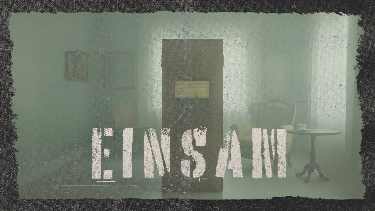 Düsterer Raum im Vintage-Stil mit Schrank, Sessel und Tisch. Mittig der weiße Schriftzug „EINSAM“ vor grünlichem Nebel.